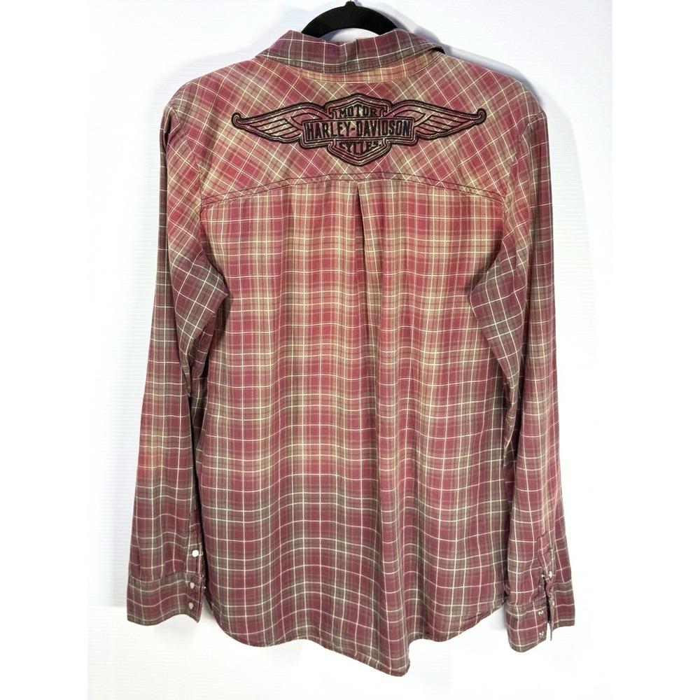 Harley-Davidson Women's Flannel Shirt Size XL Embroidered Pearl Snap Biker - Picture 7 of 8